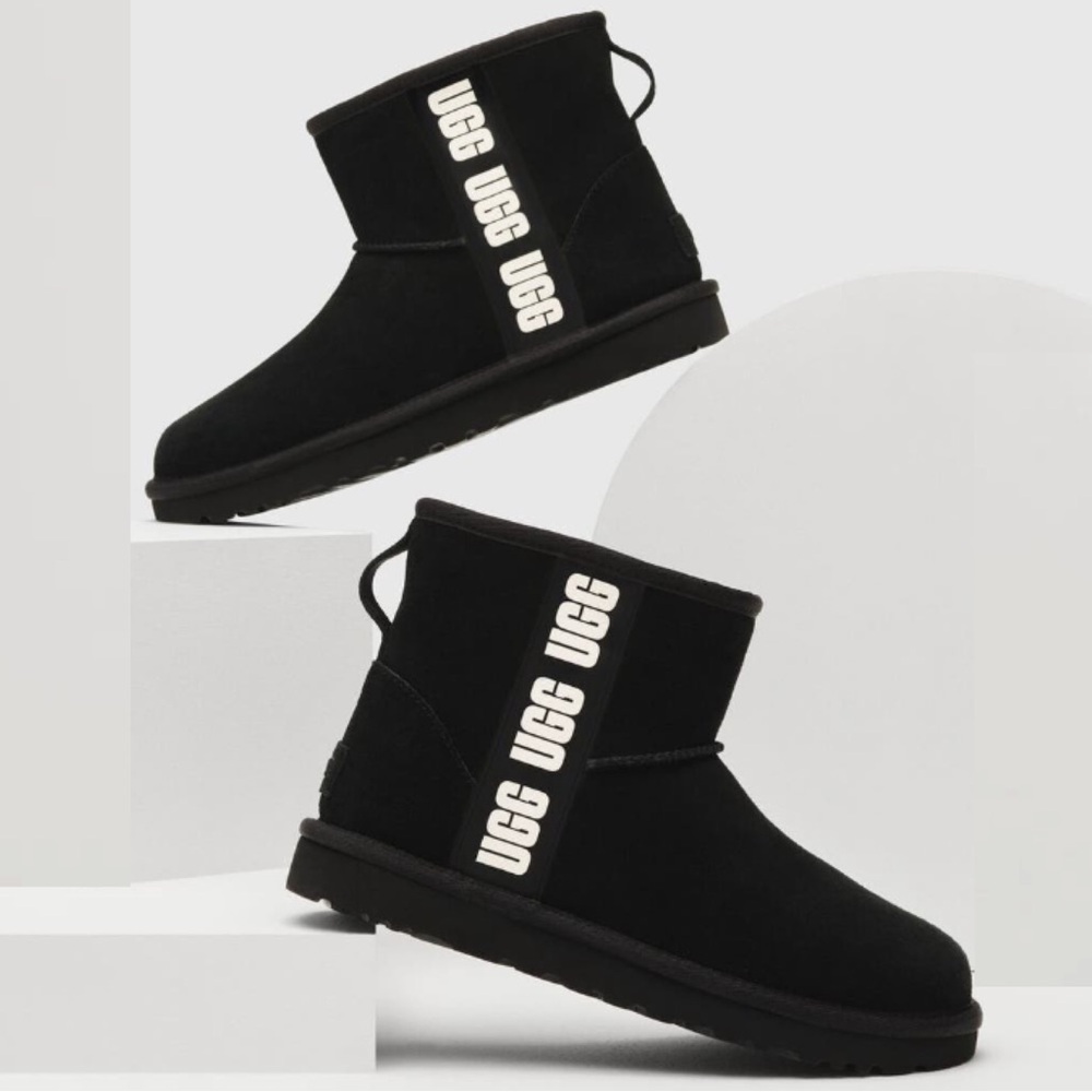 UGG Womens Classic Boots Mini Side Logo Bootie Black Ankle Black Suede 6
